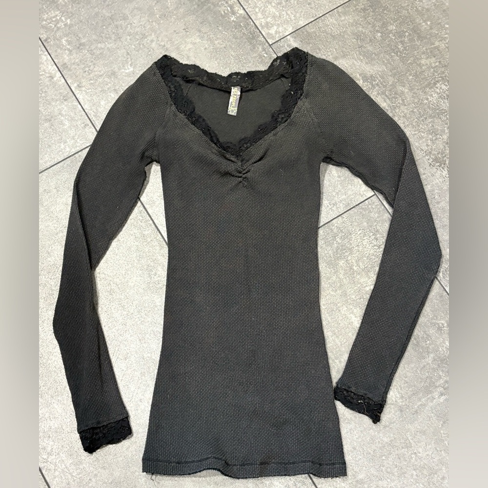 Free People XS Thermal Lace Black Long Sleeve Top Waffle